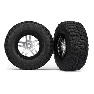 Traxxas 6873X: Tires & wheels, assembled, glued (SCT Split-Spoke satin chrome, black beadlock style wheels, BFG Mud-Terrain tires, foam inserts) (2)
