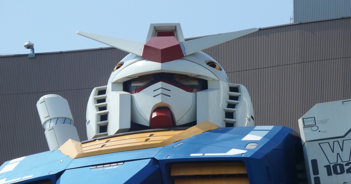 A close-up of the head of the RX-78-2 Gundam statue in Tokyo.