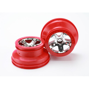TRAXXAS 5870: Wheels, SCT chrome, red beadlock style, dual profile (2.2” outer, 3.0” inner) (2WD front) (2)