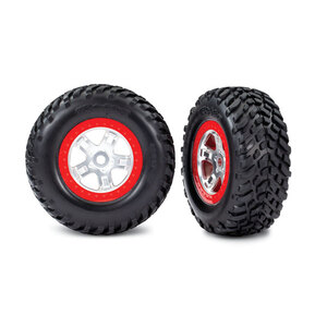 TRAXXAS 5973A: Tires & wheels, assembled, glued (SCT, satin chrome, red beadlock wheels, dual profile (2.2" outer, 3.0" inner)