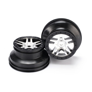 Traxxas 5974: Wheels, SCT Split-Spoke, satin chrome, black beadlock style, dual profile (2.2" outer, 3.0" inner) (front/rear) (2)