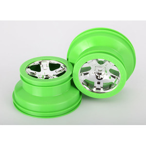 TRAXXAS 6875: Wheels, SCT, chrome, green beadlock style, dual profile (2.2" outer, 3.0" inner) (2) (4WD front/rear, 2WD rear only)